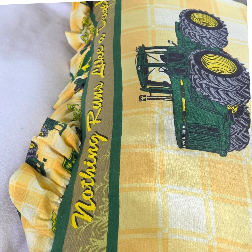 John Deere Throw Pillow Green Yellow Ruffled Tractor Plaid Accent